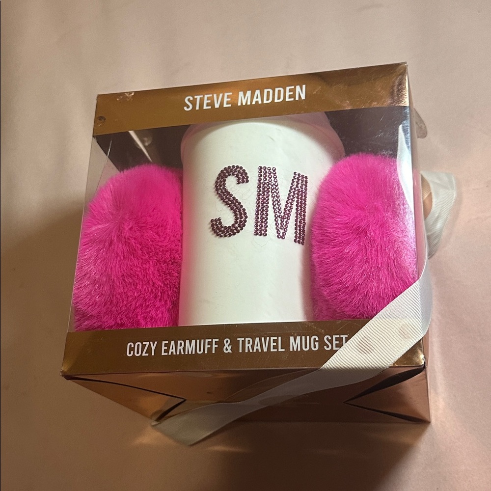 Steve Madden Fuchsia Earmuff and White Travel Mug Set